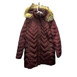 Reaction Kenneth Cole Hooded Down Longline Puffer Jacket Coat Faux Fur Trim S XL